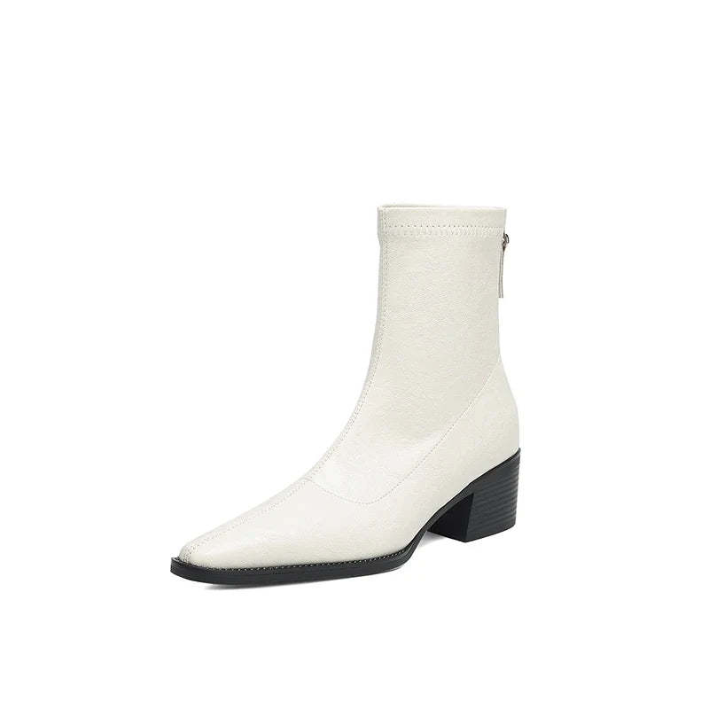 Women's autumn and winter square toe and calf high heel zipper elastic leather retro short Boots