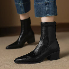 Women's autumn and winter square toe and calf high heel zipper elastic leather retro short Boots