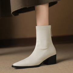 Women's autumn and winter square toe and calf high heel zipper elastic leather retro short Boots