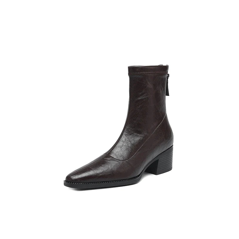 Women's autumn and winter square toe and calf high heel zipper elastic leather retro short Boots