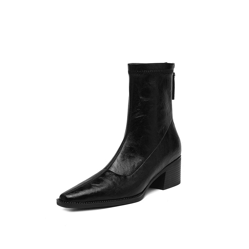 Women's autumn and winter square toe and calf high heel zipper elastic leather retro short Boots