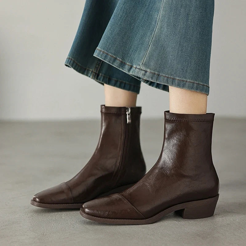 Women's autumn and winter square toe mid heel plus retro side zipper and calf Chelsea short Boots