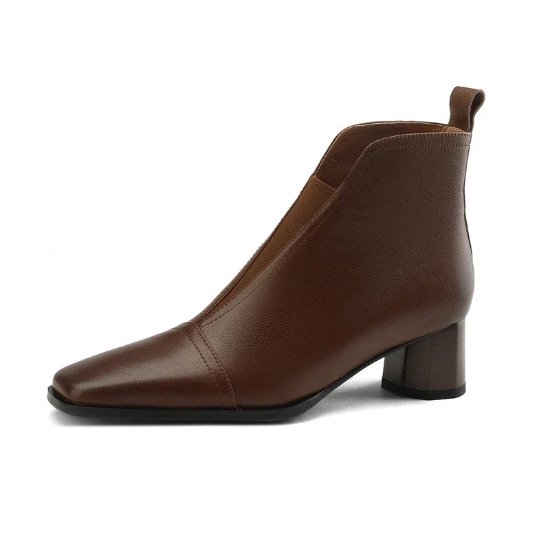 Women's autumn and winter square toe retro leather cowhide mid heel thick heel