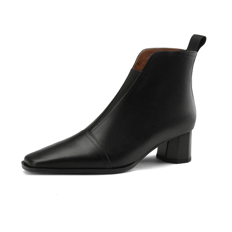 Women's autumn and winter square toe retro leather cowhide mid heel thick heel