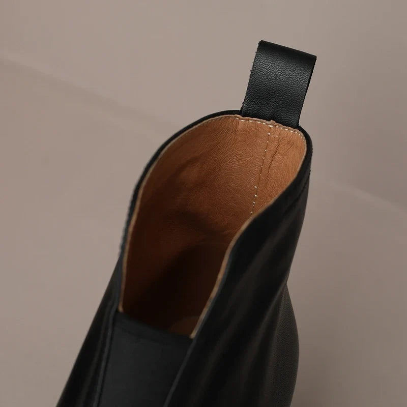 Women's autumn and winter square toe retro leather cowhide mid heel thick heel
