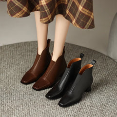 Women's autumn and winter square toe retro leather cowhide mid heel thick heel