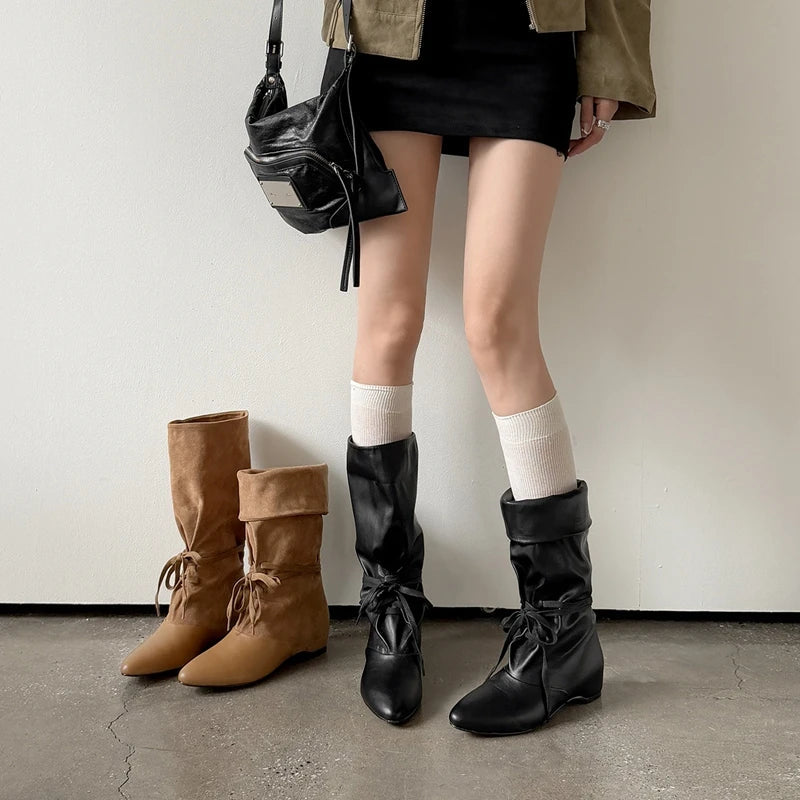 Women's autumn leather cowhide pointed European and American style lazy lace up short Boots