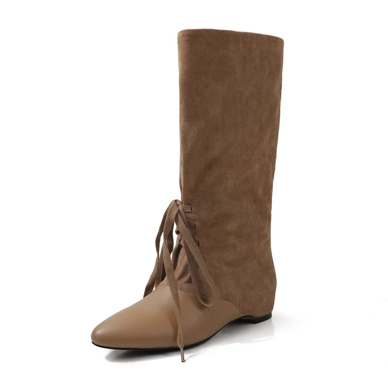 Women's autumn leather cowhide pointed European and American style lazy lace up short Boots