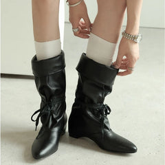 Women's autumn leather cowhide pointed European and American style lazy lace up short Boots