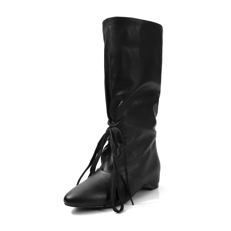 Women's autumn leather cowhide pointed European and American style lazy lace up short Boots
