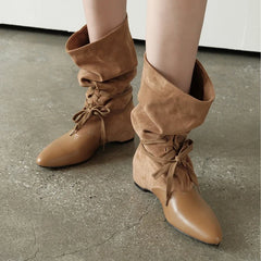 Women's autumn leather cowhide pointed European and American style lazy lace up short Boots