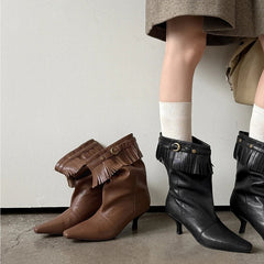 Women's autumn leather cowhide pointed European and American style lazy tassel high-heeled short Boots