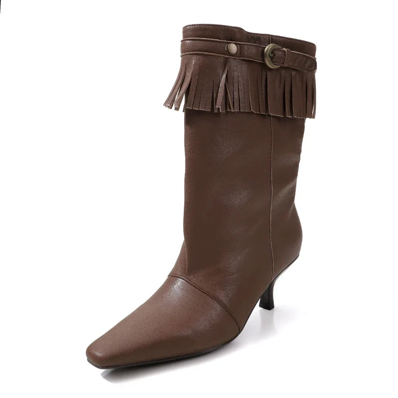 Women's autumn leather cowhide pointed European and American style lazy tassel high-heeled short Boots