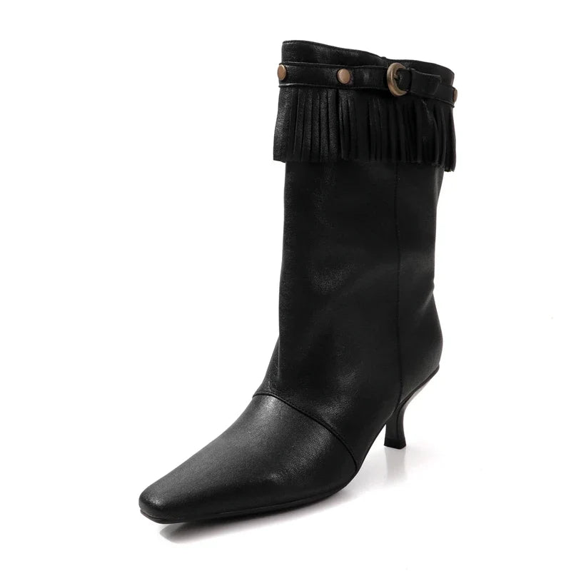 Women's autumn leather cowhide pointed European and American style lazy tassel high-heeled short Boots