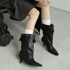 Women's autumn leather cowhide pointed European and American style lazy tassel high-heeled short Boots