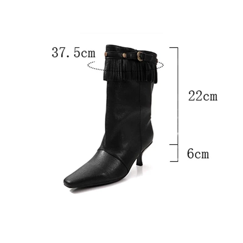 Women's autumn leather cowhide pointed European and American style lazy tassel high-heeled short Boots