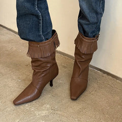 Women's autumn leather cowhide pointed European and American style lazy tassel high-heeled short Boots