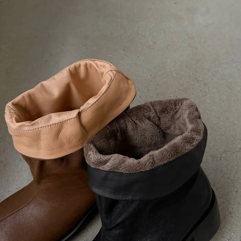 Women's autumn leather cowhide round toe European and American style lazy and simple high heels short Boots
