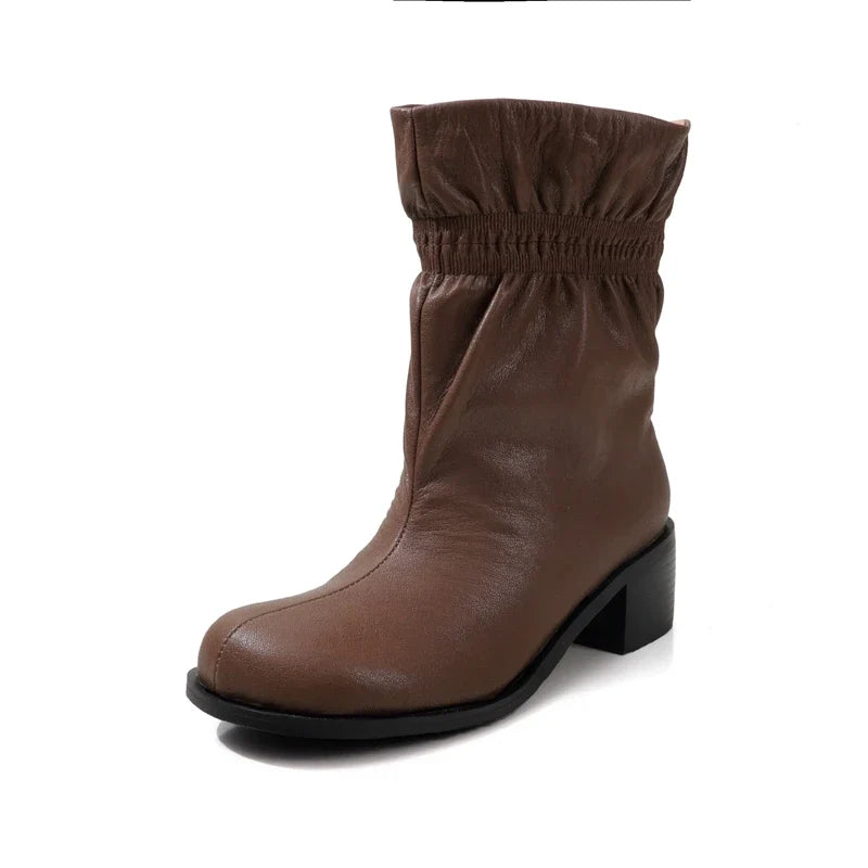 Women's autumn leather cowhide round toe European and American style lazy and simple high heels short Boots