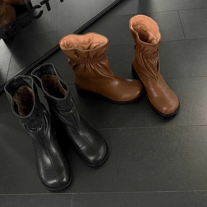 Women's autumn leather cowhide round toe European and American style lazy and simple high heels short Boots