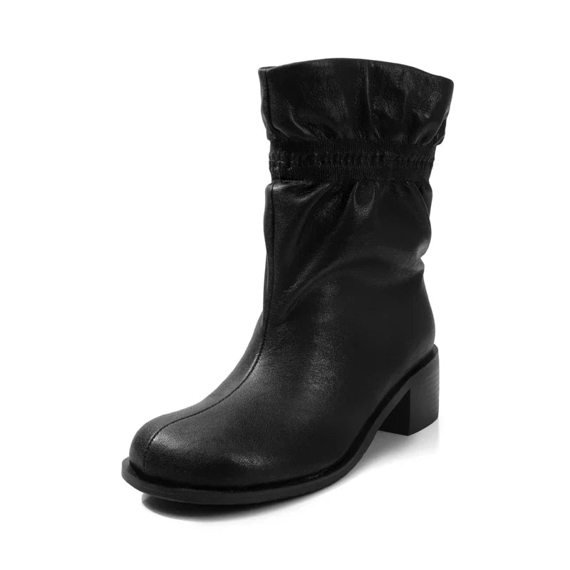 Women's autumn leather cowhide round toe European and American style lazy and simple high heels short Boots