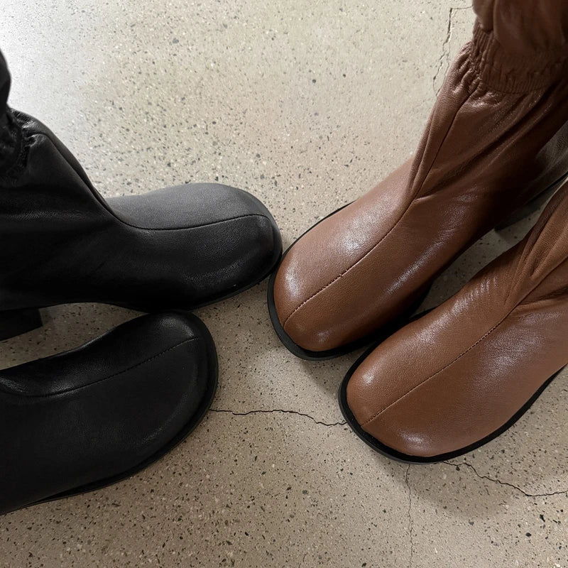 Women's autumn leather cowhide round toe European and American style lazy and simple high heels short Boots