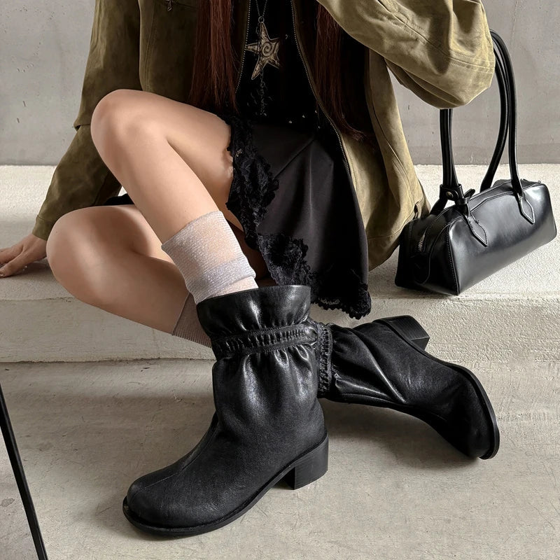 Women's autumn leather cowhide round toe European and American style lazy and simple high heels short Boots