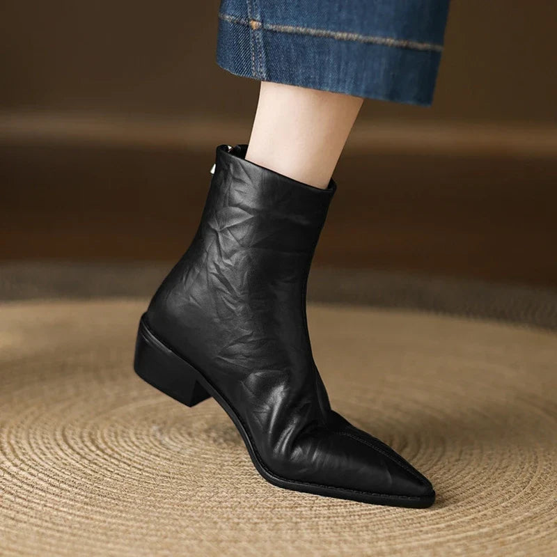 Women's autumn leather sheepskin pointed toe thick heel