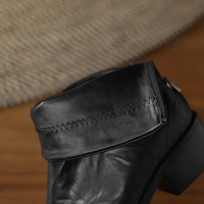 Women's autumn leather sheepskin pointed toe thick heel