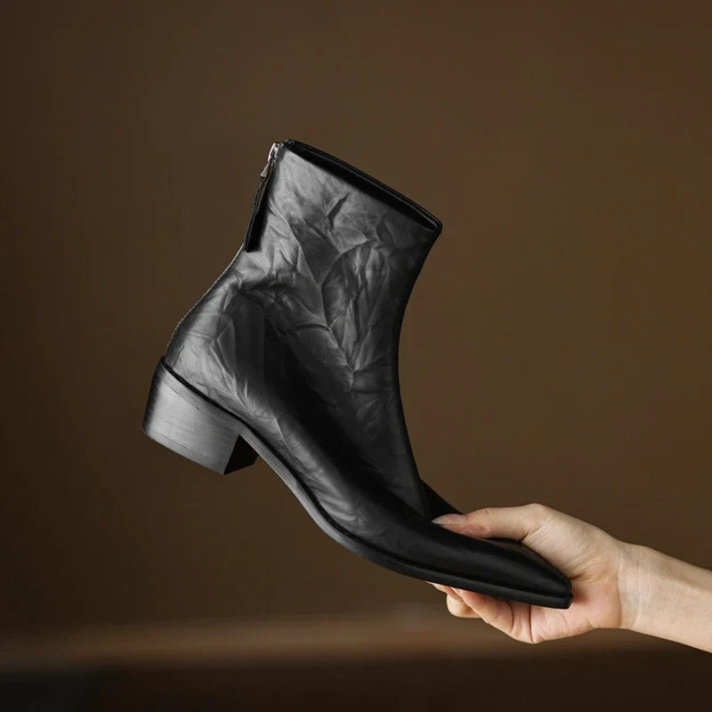 Women's autumn leather sheepskin pointed toe thick heel