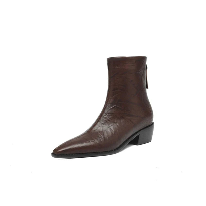 Women's autumn leather sheepskin pointed toe thick heel