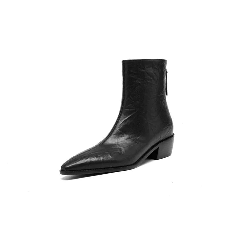 Women's autumn leather sheepskin pointed toe thick heel