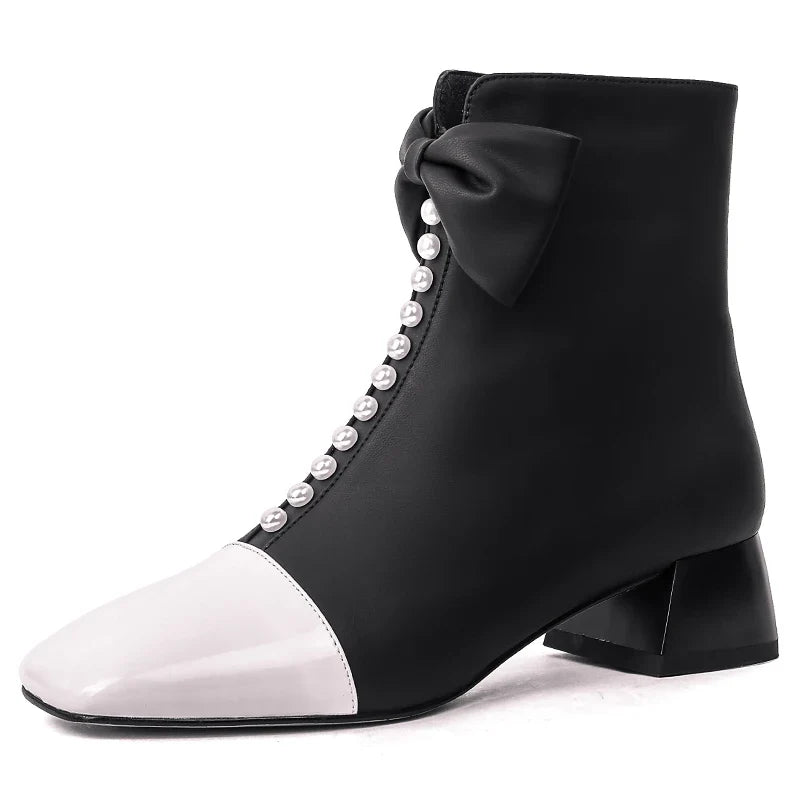 Women's butterfly bow leather sheepskin square head zipper color blocked thick heel