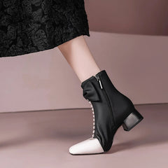 Women's butterfly bow leather sheepskin square head zipper color blocked thick heel
