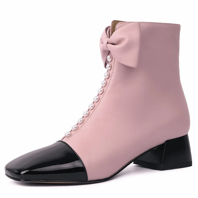 Women's butterfly bow leather sheepskin square head zipper color blocked thick heel