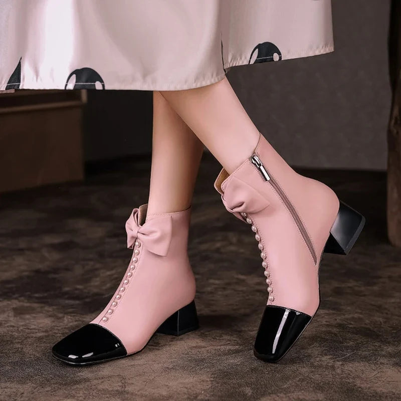 Women's butterfly bow leather sheepskin square head zipper color blocked thick heel