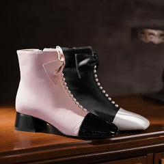 Women's butterfly bow leather sheepskin square head zipper color blocked thick heel