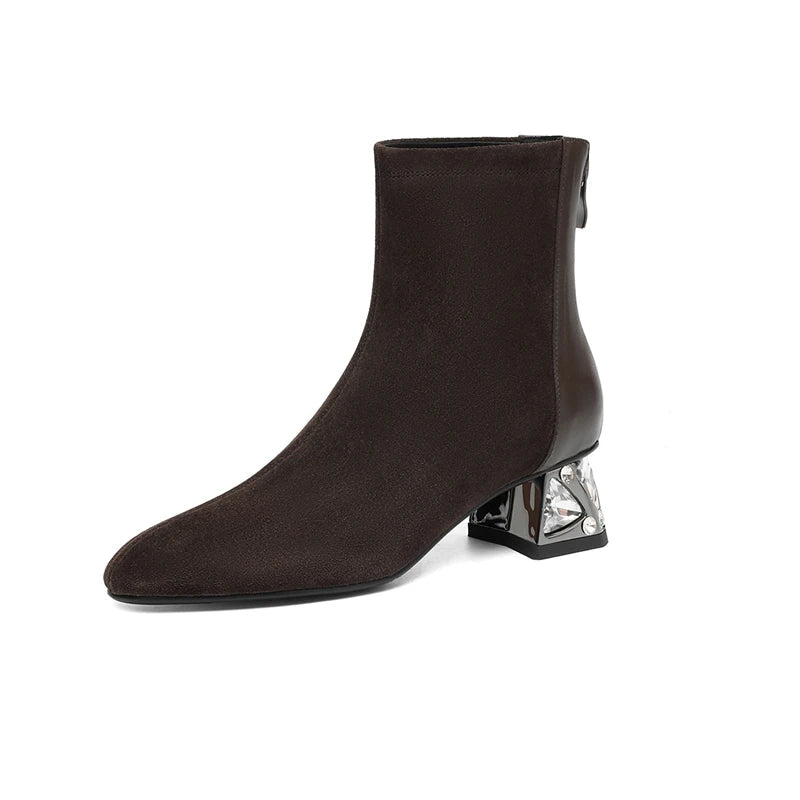 Women's genuine leather cow suede cowhide rhinestone mid heel plus