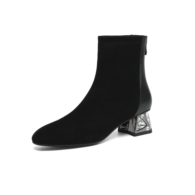 Women's genuine leather cow suede cowhide rhinestone mid heel plus