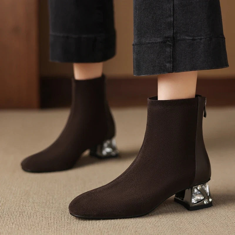 Women's genuine leather cow suede cowhide rhinestone mid heel plus