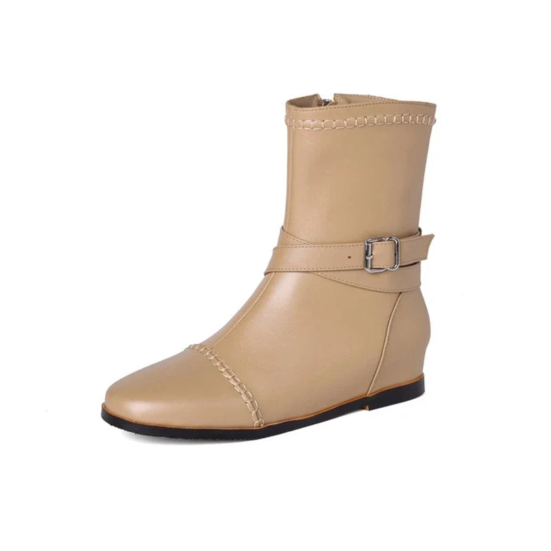 Women's genuine leather cowhide round toe with raised buckle