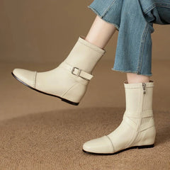 Women's genuine leather cowhide round toe with raised buckle