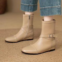 Women's genuine leather cowhide round toe with raised buckle
