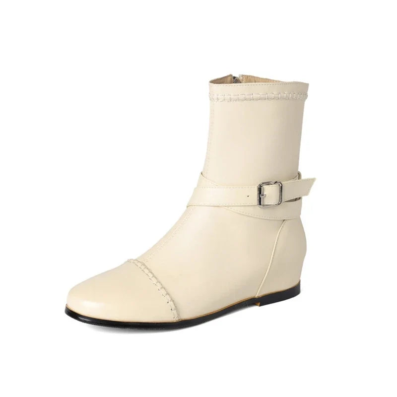 Women's genuine leather cowhide round toe with raised buckle