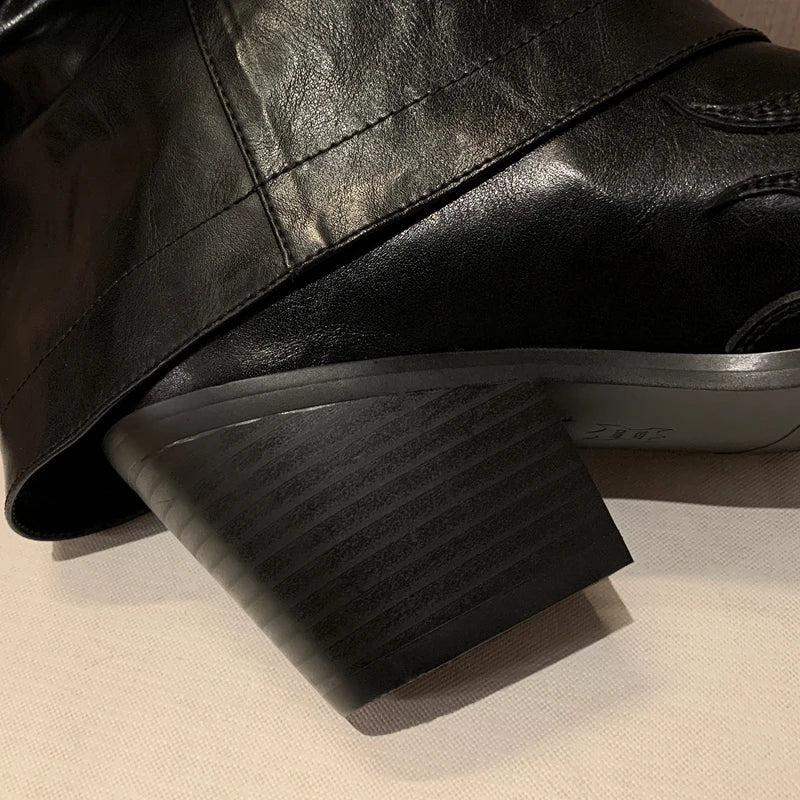Women's genuine leather cowhide square toe and knee metal rivet flame pattern high heels retro motorcycle boots