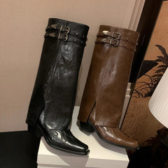 Women's genuine leather cowhide square toe and knee metal rivet flame pattern high heels retro motorcycle boots
