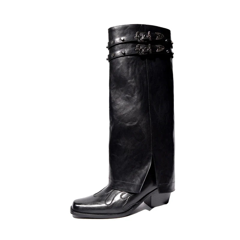 Women's genuine leather cowhide square toe and knee metal rivet flame pattern high heels retro motorcycle boots