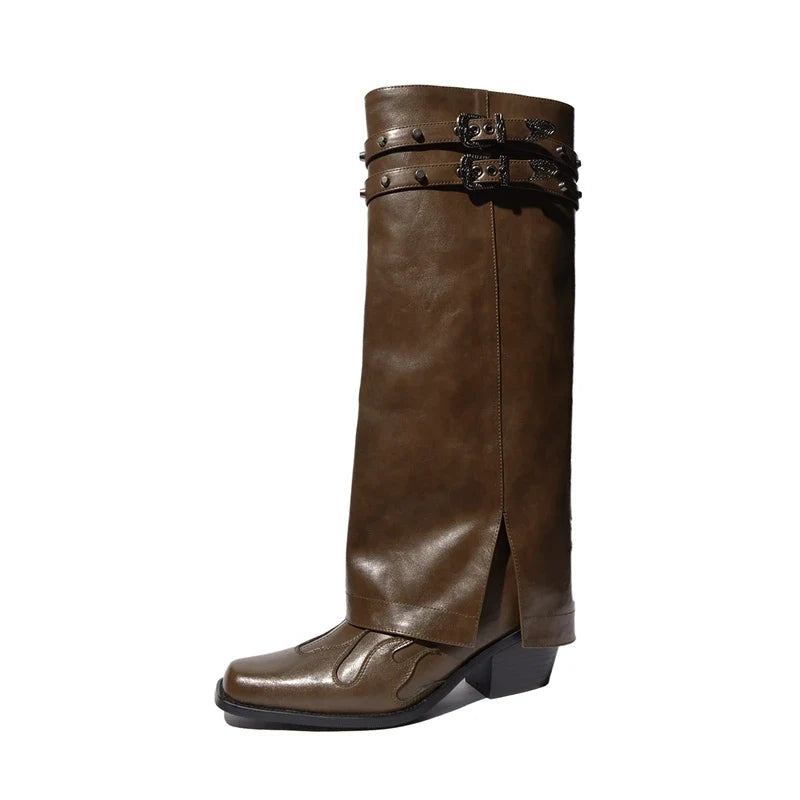 Women's genuine leather cowhide square toe and knee metal rivet flame pattern high heels retro motorcycle boots