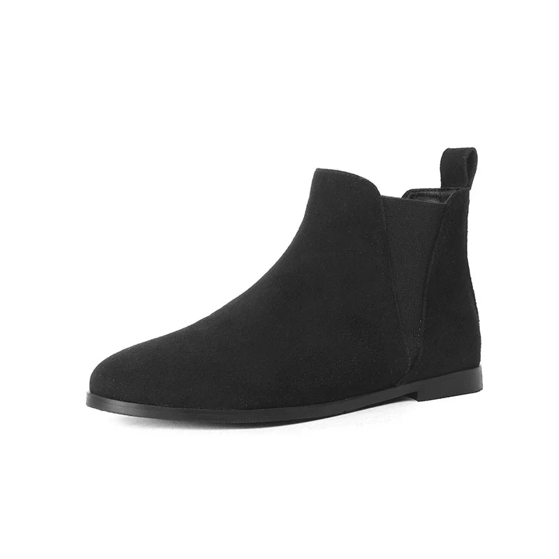 Women's genuine leather sheep suede round toe and calf low heel elastic plus