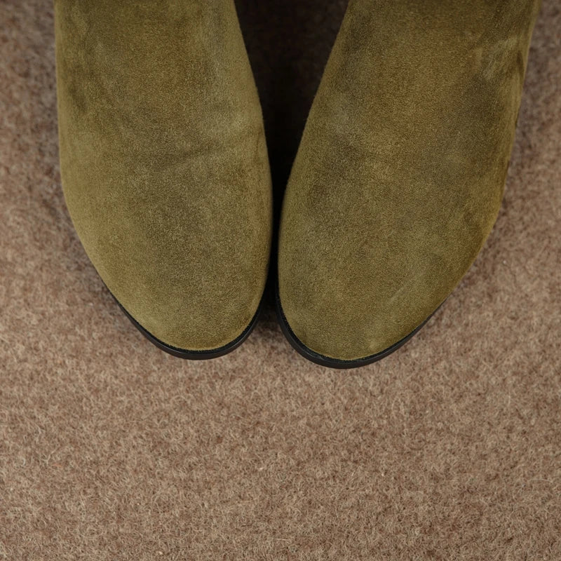 Women's genuine leather sheep suede round toe and calf low heel elastic plus